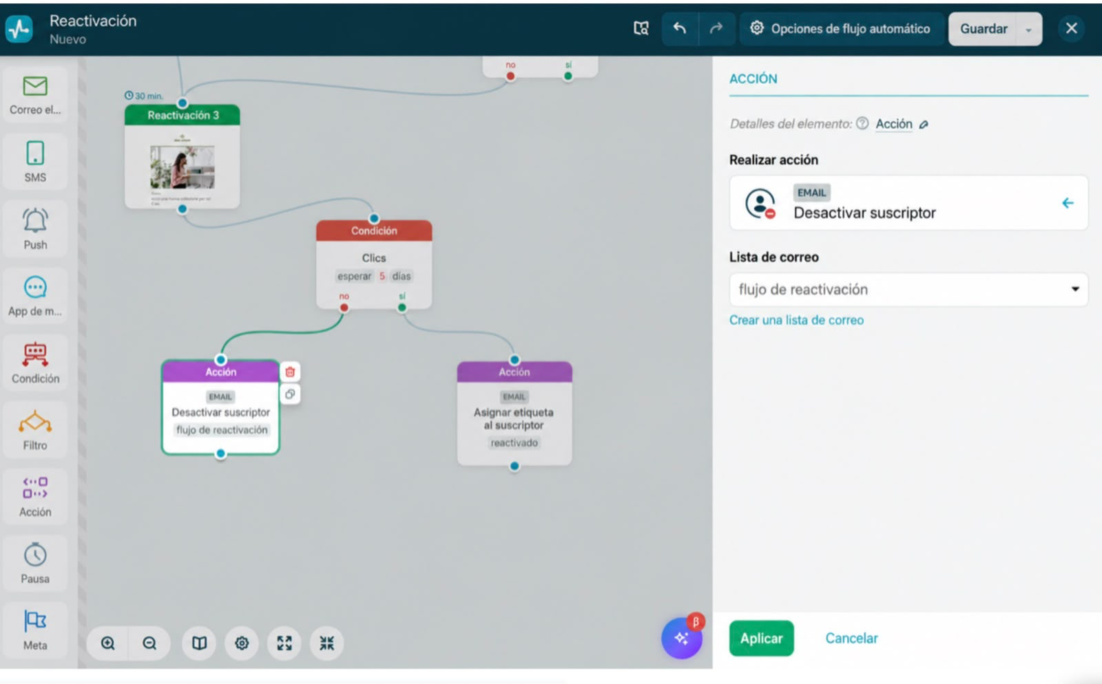 Elemento Acción en el creador de flujos de SendPulse