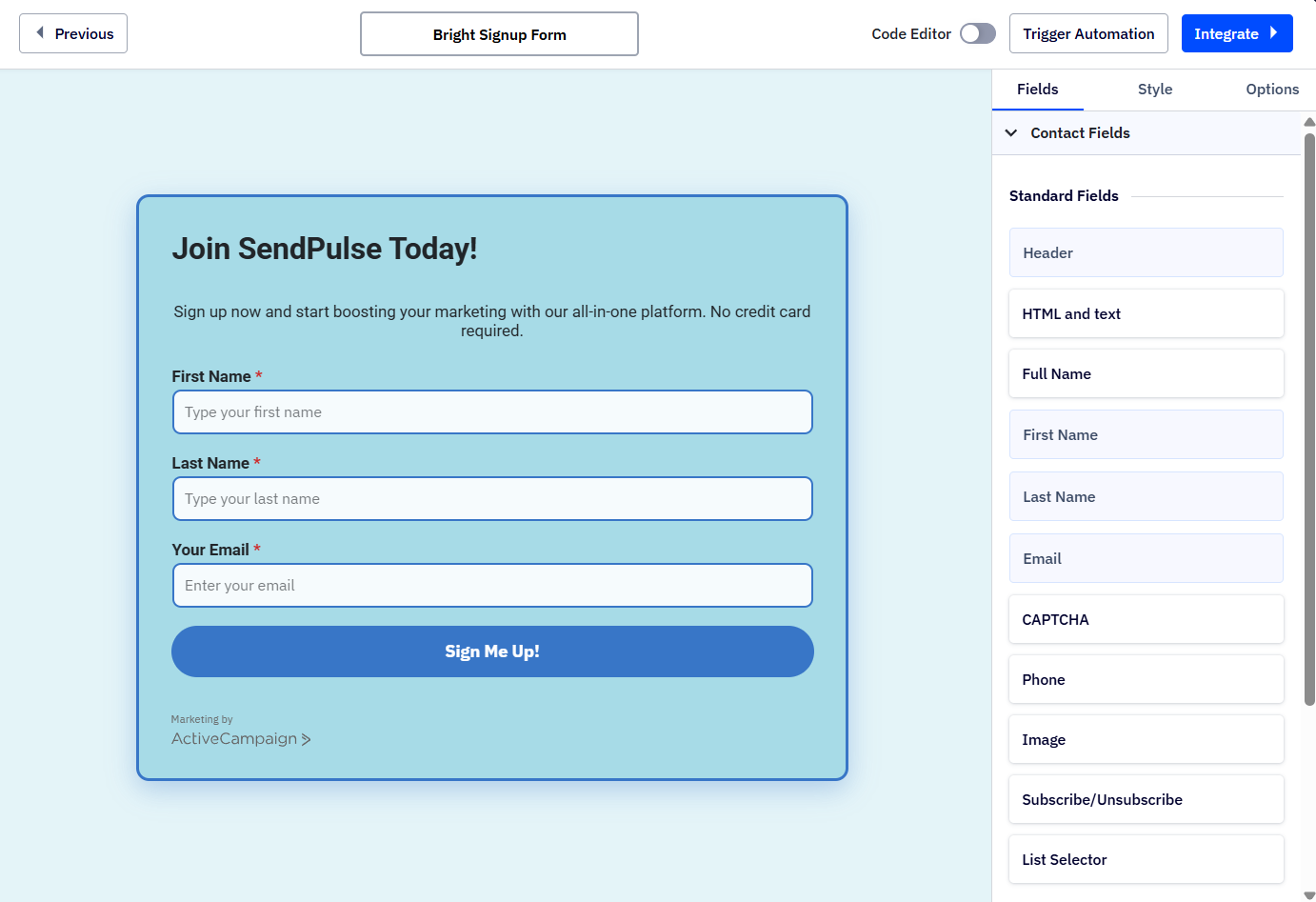 signup form created by ActiveCampaign AI 