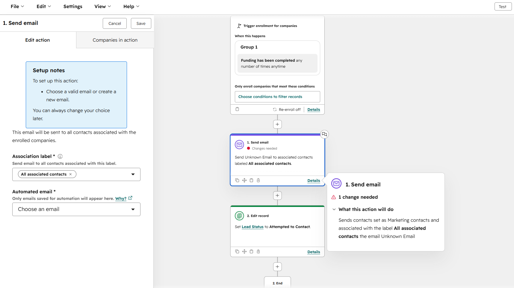automation flow in HubSpot builder