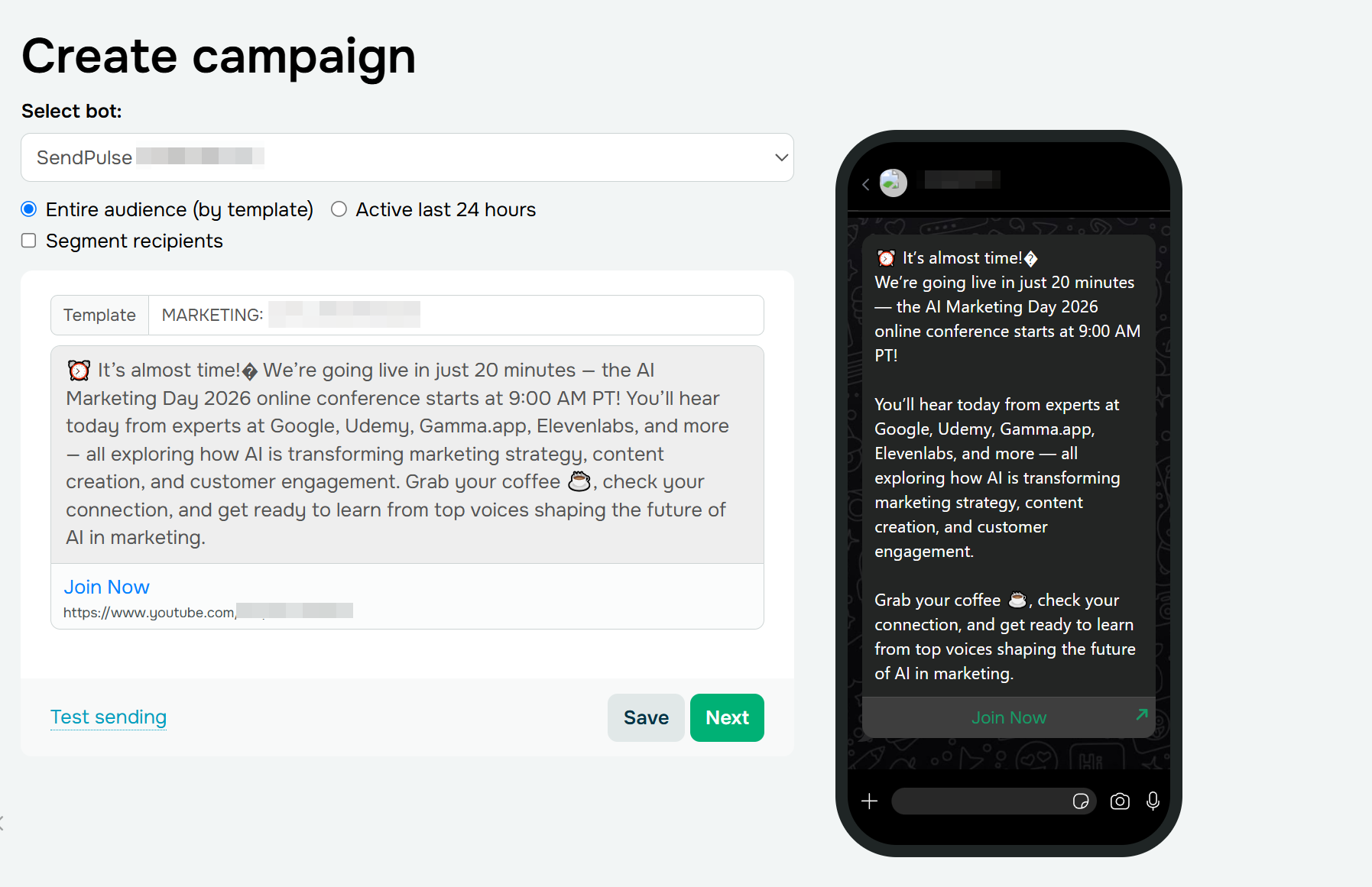 WhatsApp campaign from an approved marketing template