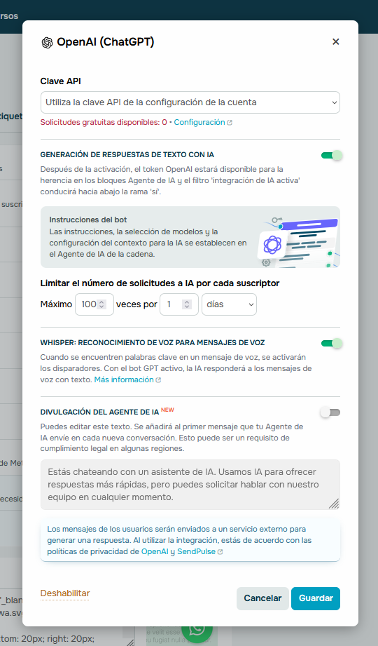 SendPulse permite modificar el limite de cada solicitud de IA por suscriptor