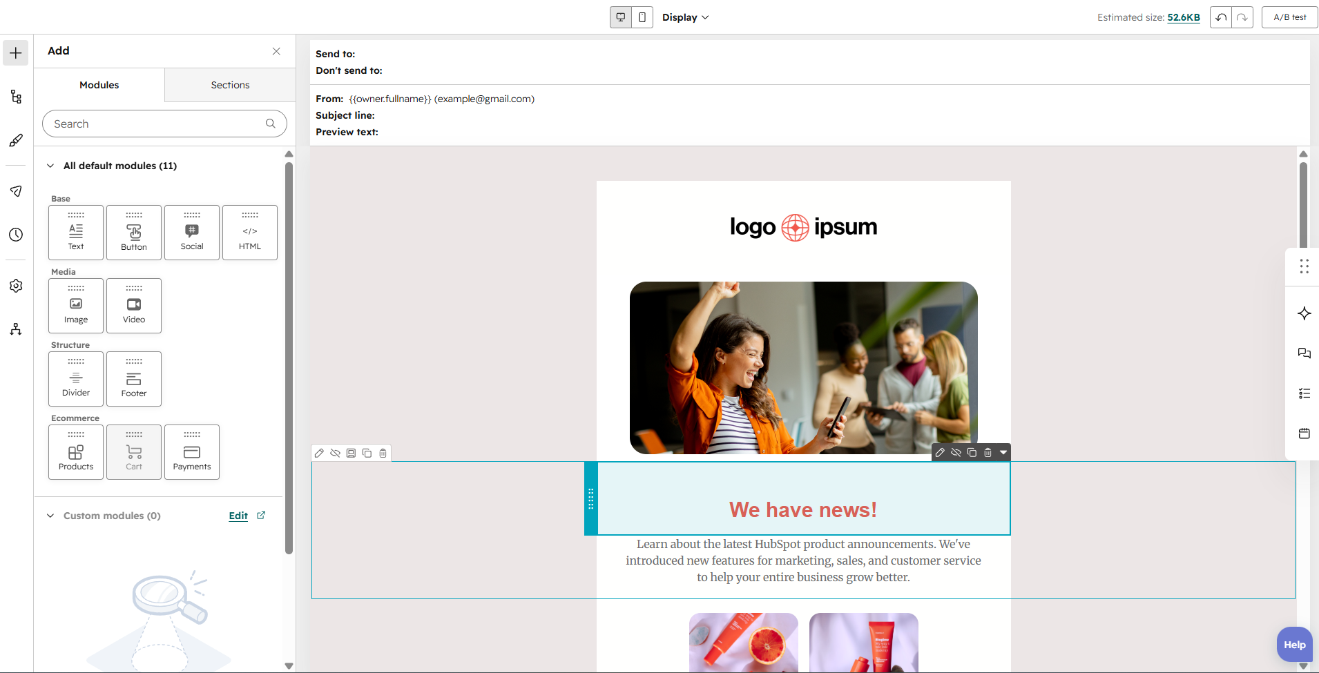 test template in the HubSpot email builder 