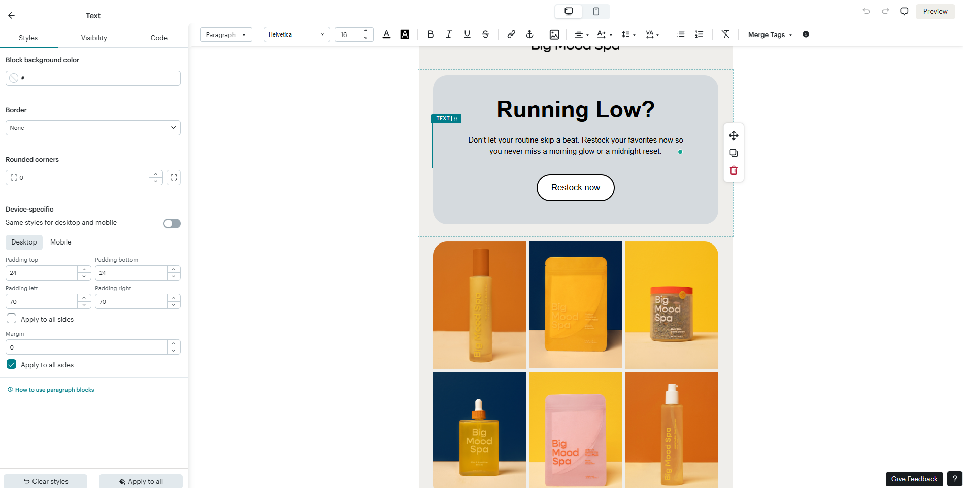 test template in the Mailchimp email builder