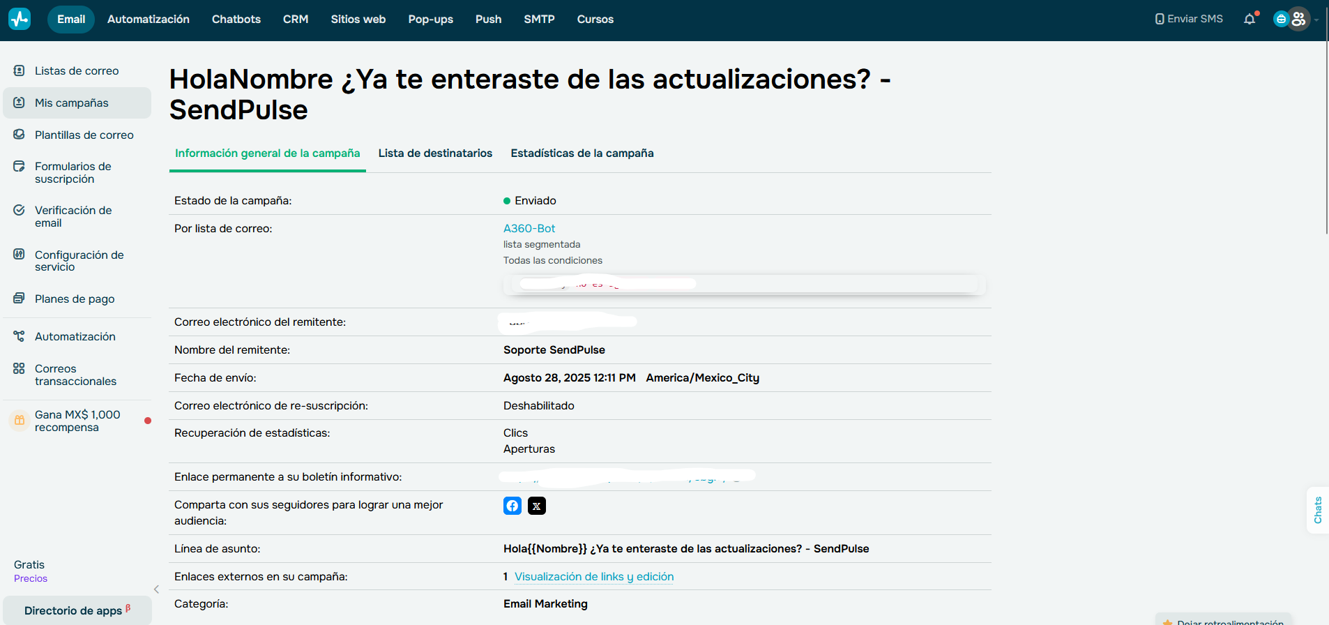 Tablero de campañas de email de SendPulse. 