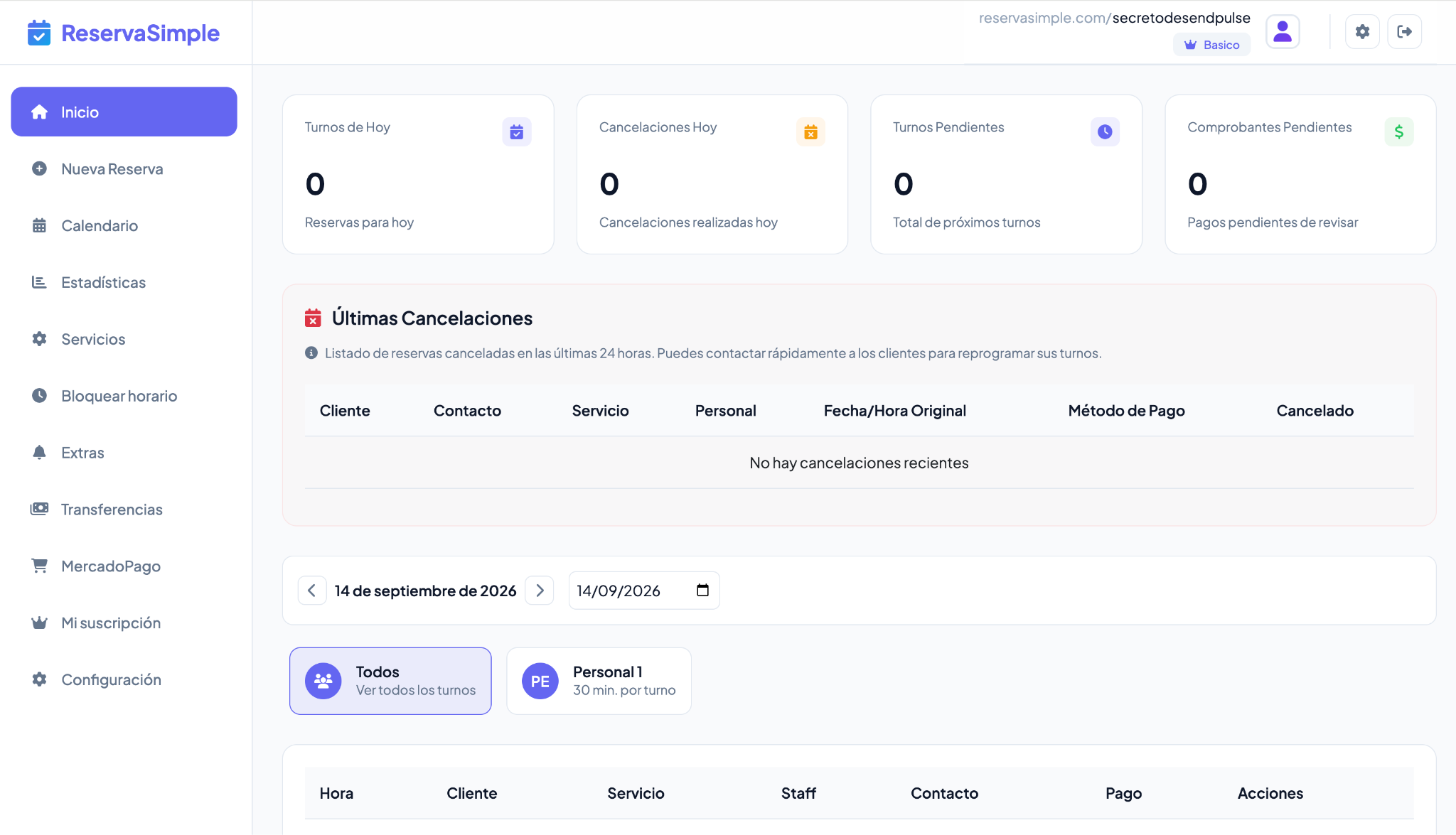 Pagína de inicio de la plataforma de ReservaSimple