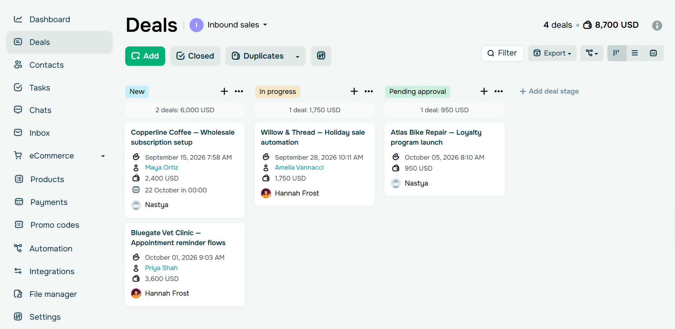 deals in a sales pipeline in SendPulse