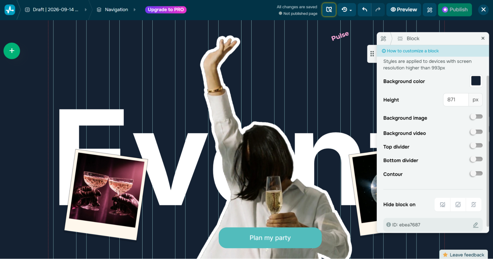 event page in SendPulse website builder