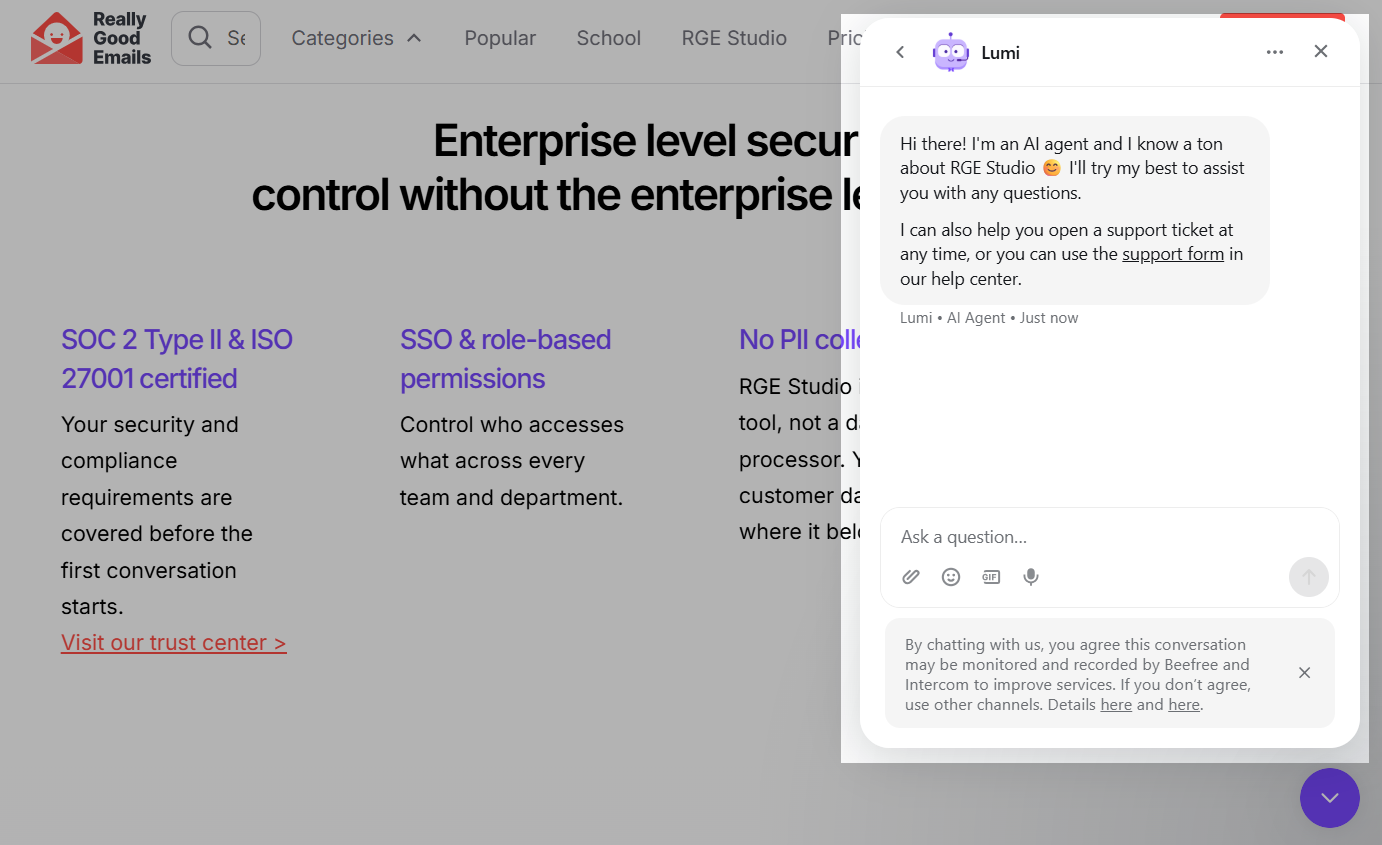 Lumi assistant answer product questions and open support tickets for visitors