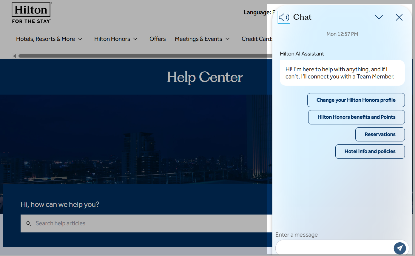 clickable topics like reservations and Hilton Honors to guide guests quickly