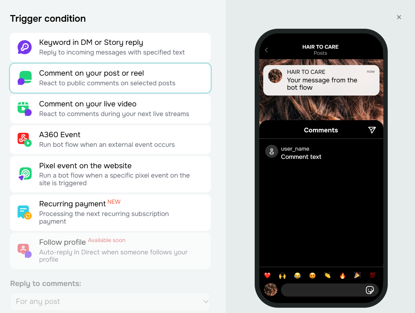 trigger conditions for an Instagram chatbot
