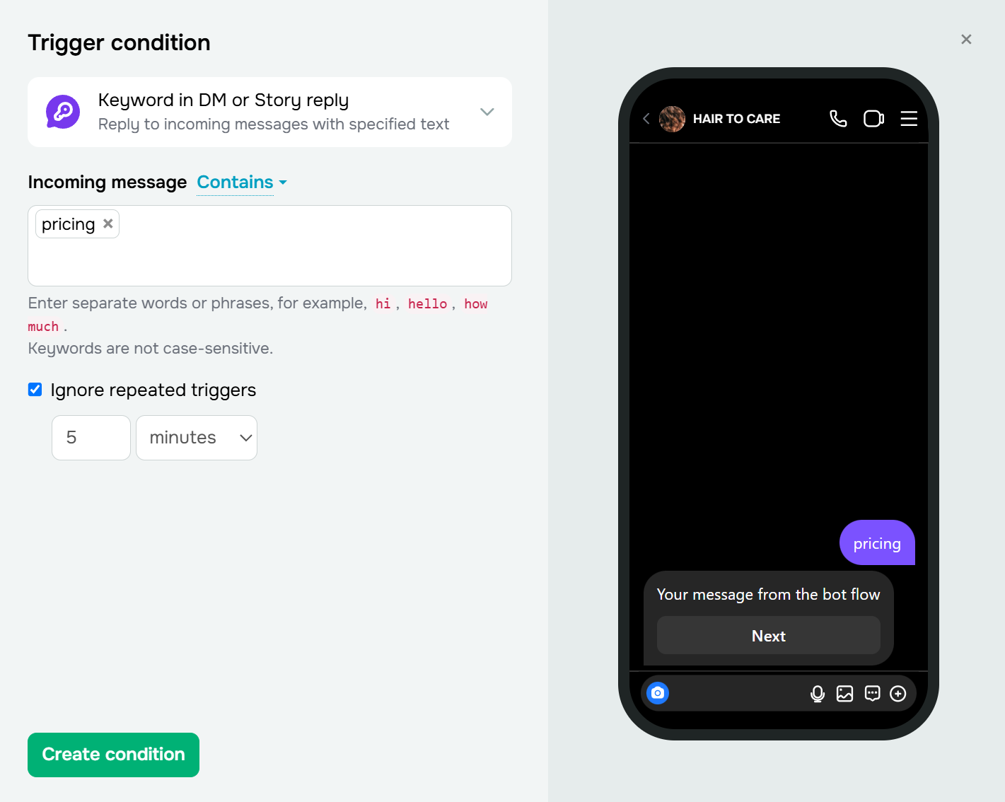 trigger condition for the Instagram chatbot