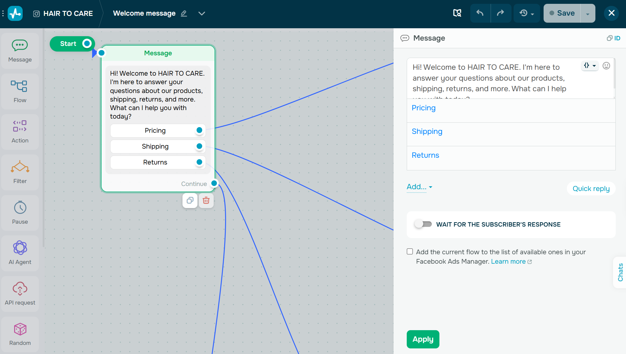 welcome flow greets customers and offers topic buttons 