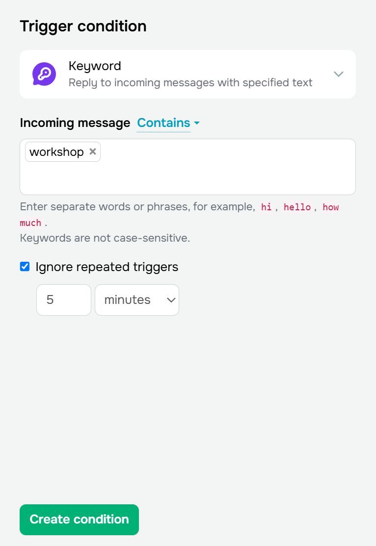 keyword trigger for SMS chatbot