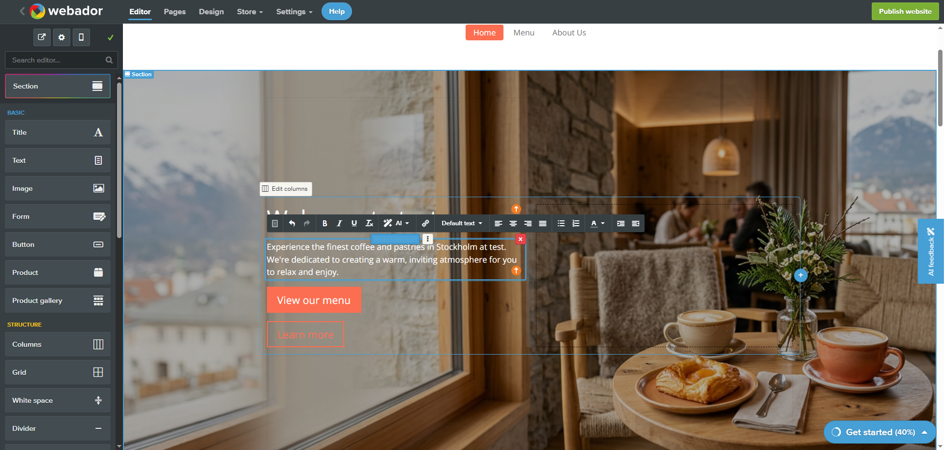 Editing hero text and buttons in Webador 
