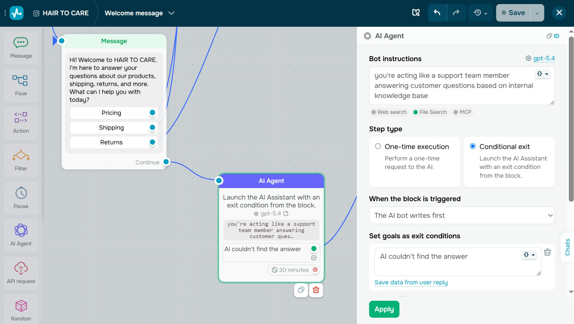 AI Agent catches any question that doesn't match a keyword