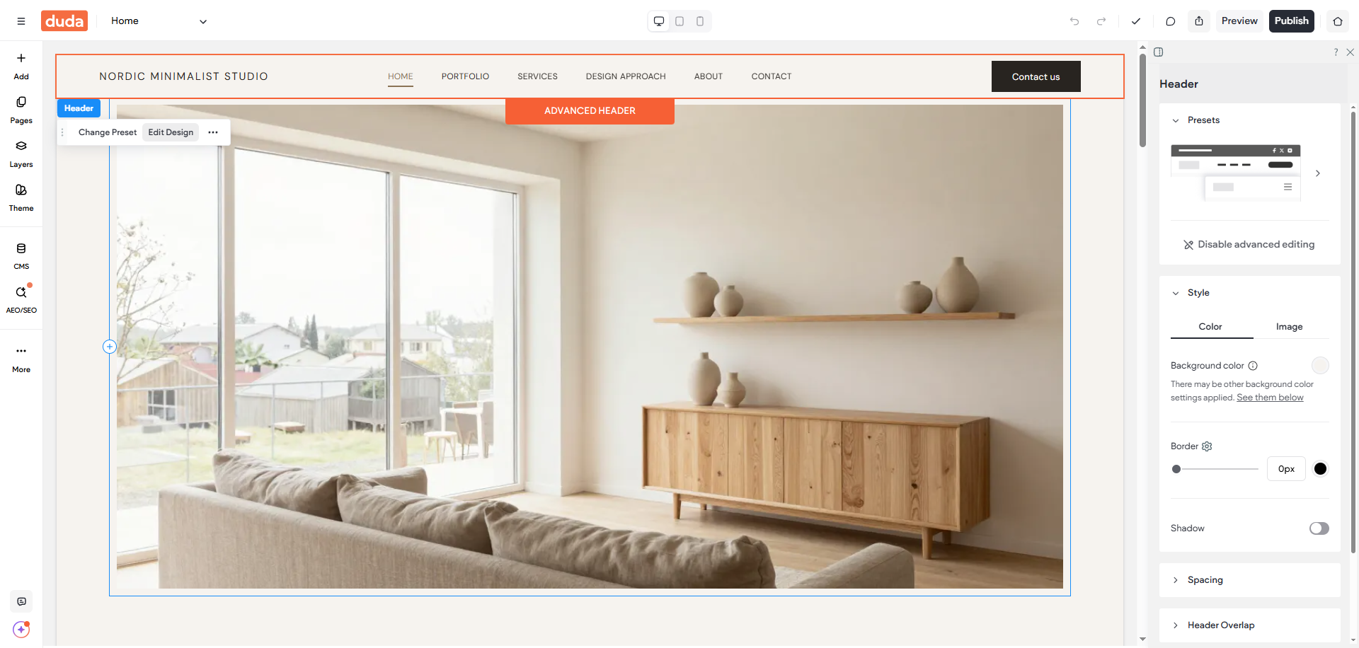 website header in Duda