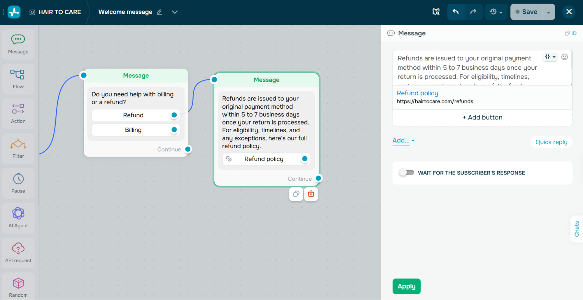 clarifying question routes the customer to the right answer