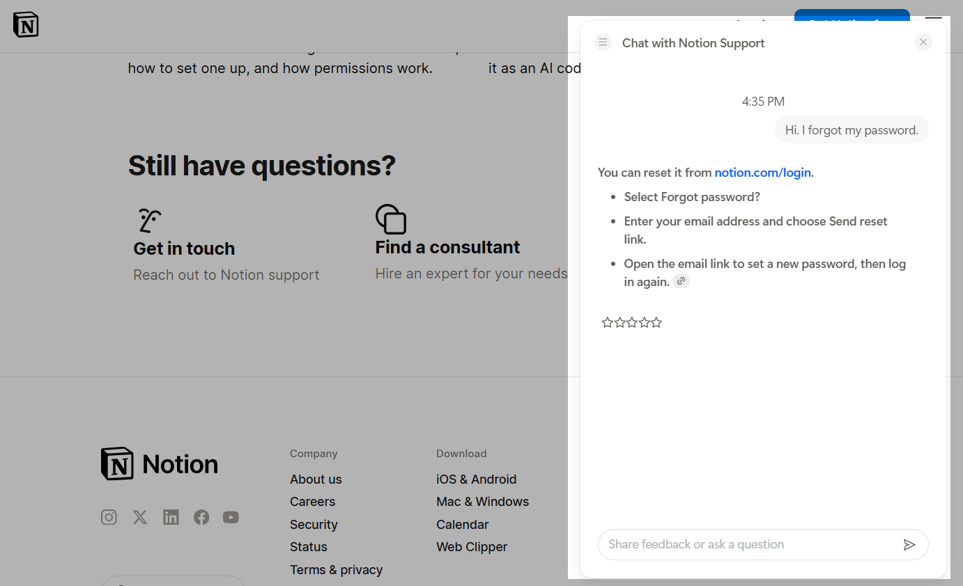 Notion resolves common questions like password resets instantly
