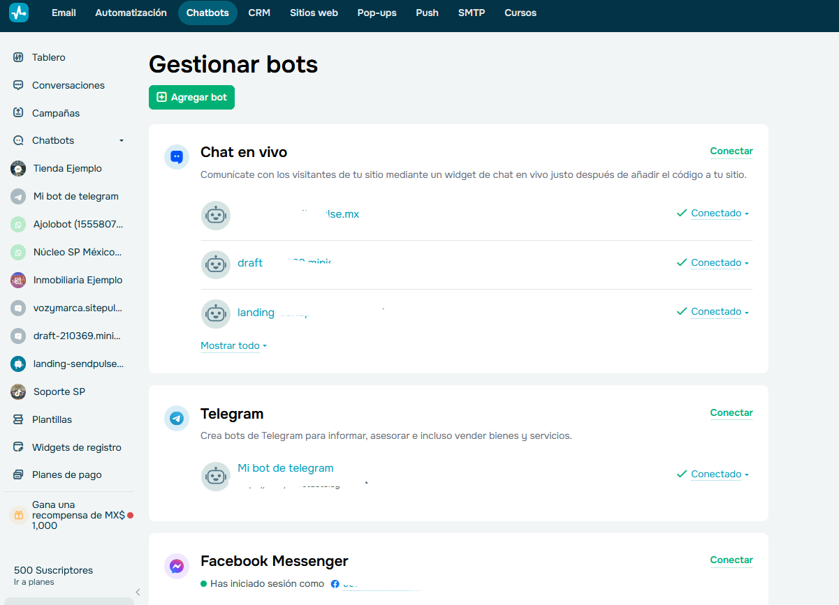 Tablero par gestionar chatbots de SendPulse