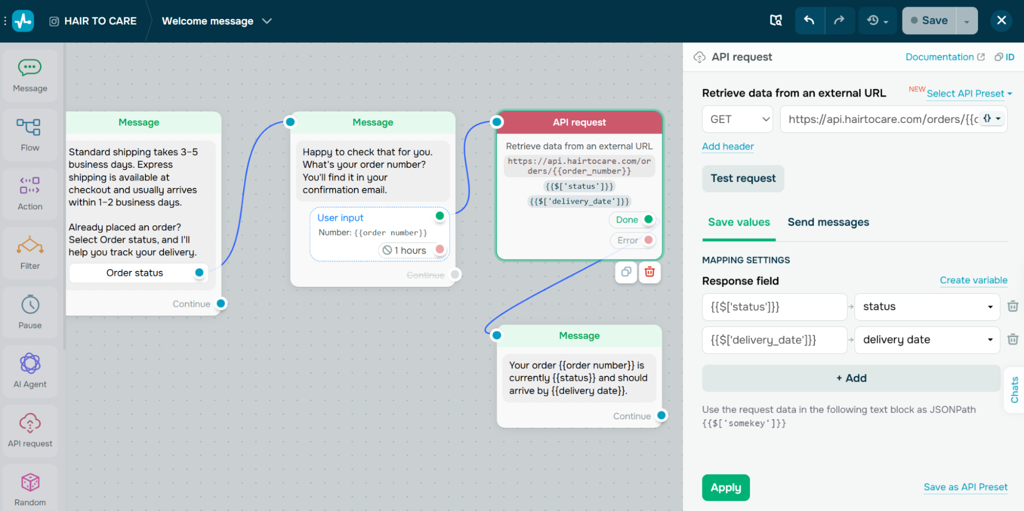 “API request” element to pull real-time order data from store