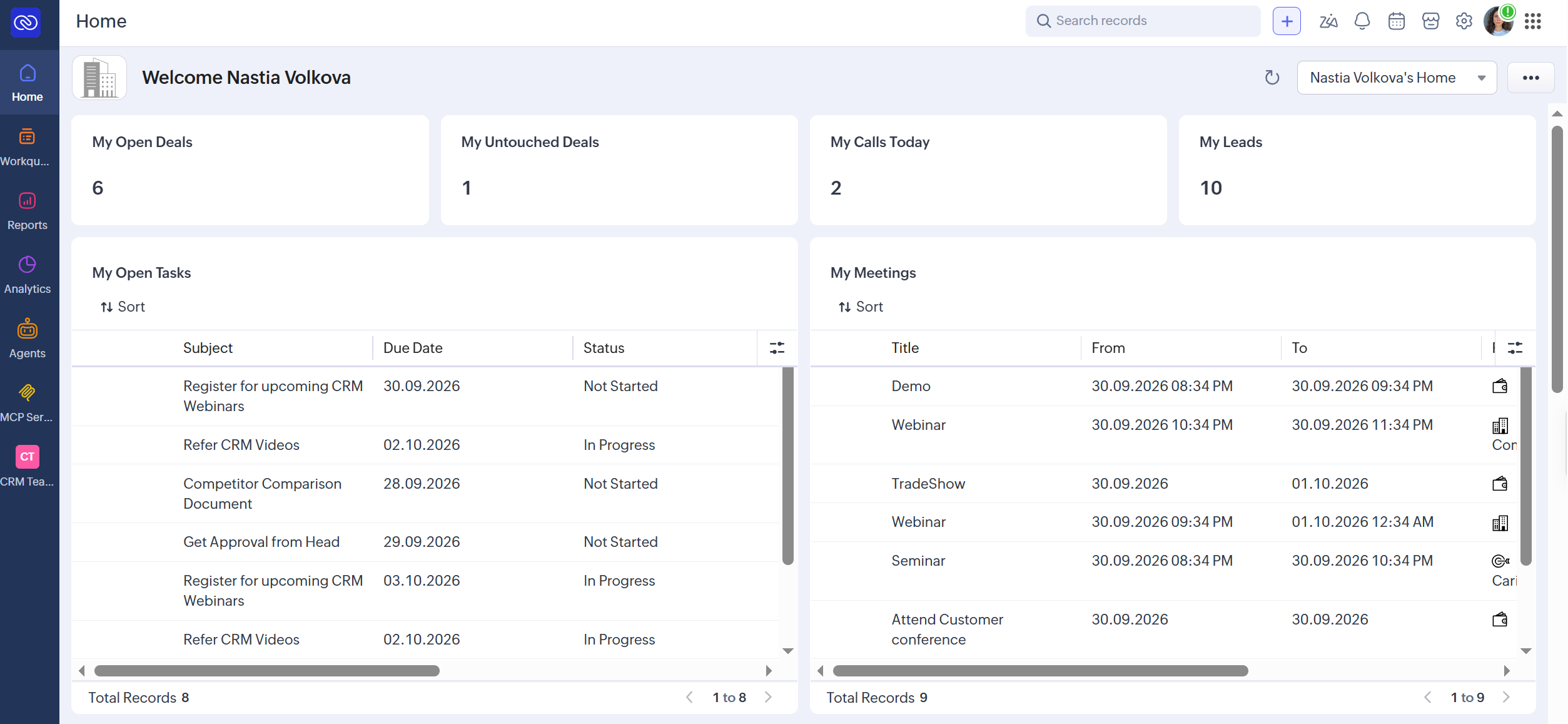 deals, calls, leads, tasks, and meetings in Zoho CRM