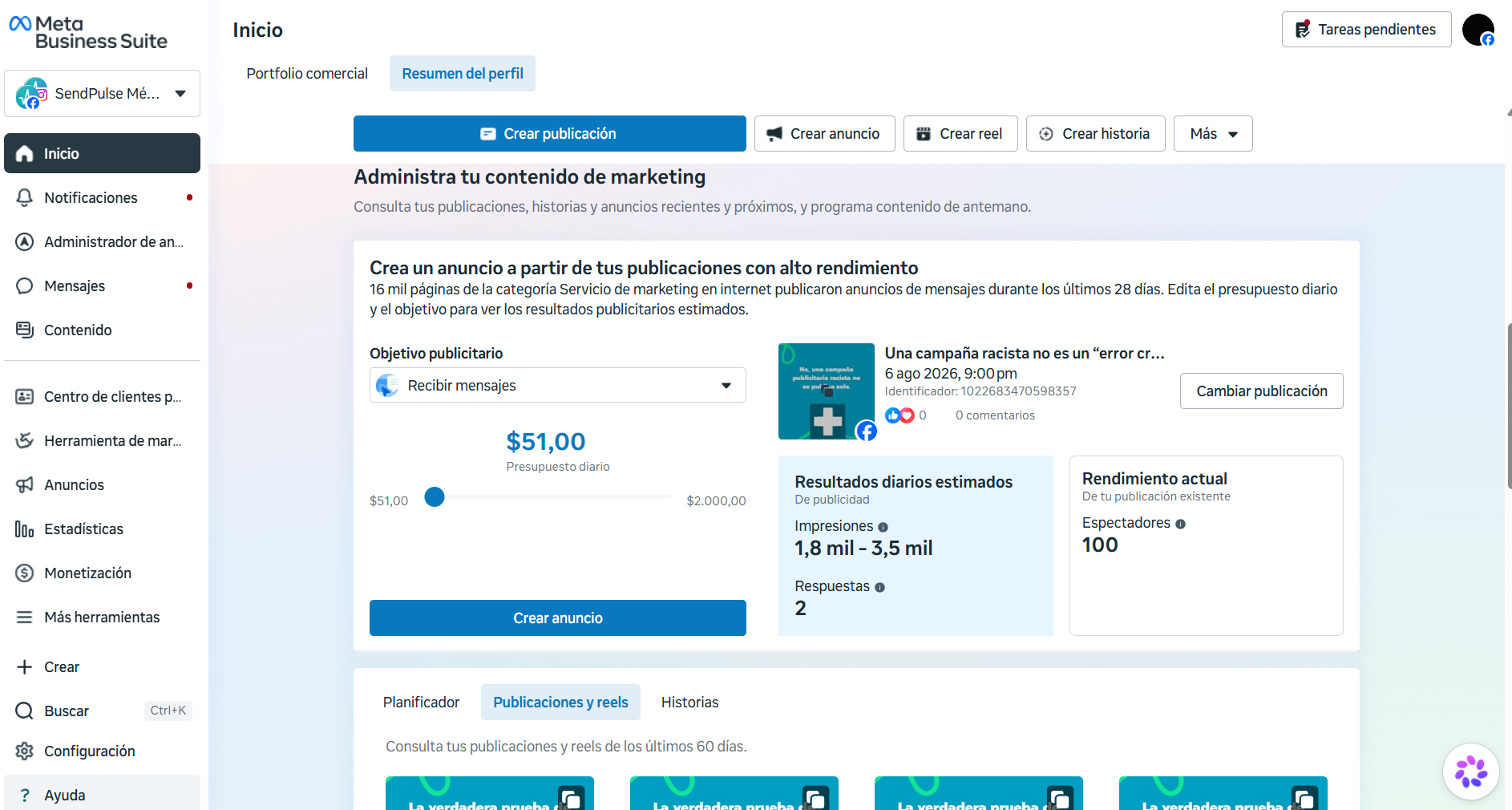 Página de inicio de Meta Business Suite