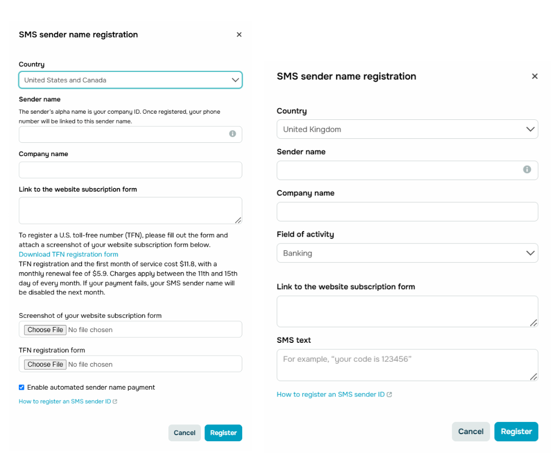 SMS sender registration forms for the US, Canada, and UK