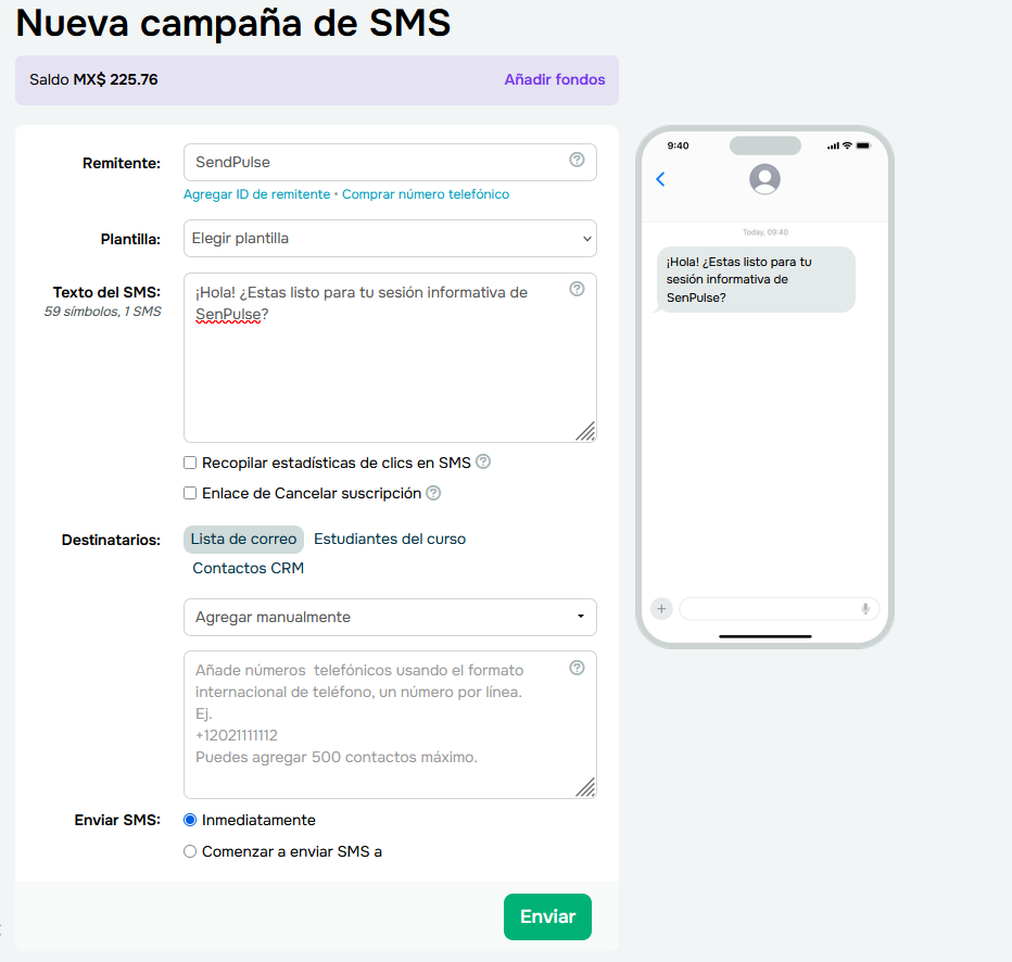 Sección de creación de campañas de SMS de SendPulse