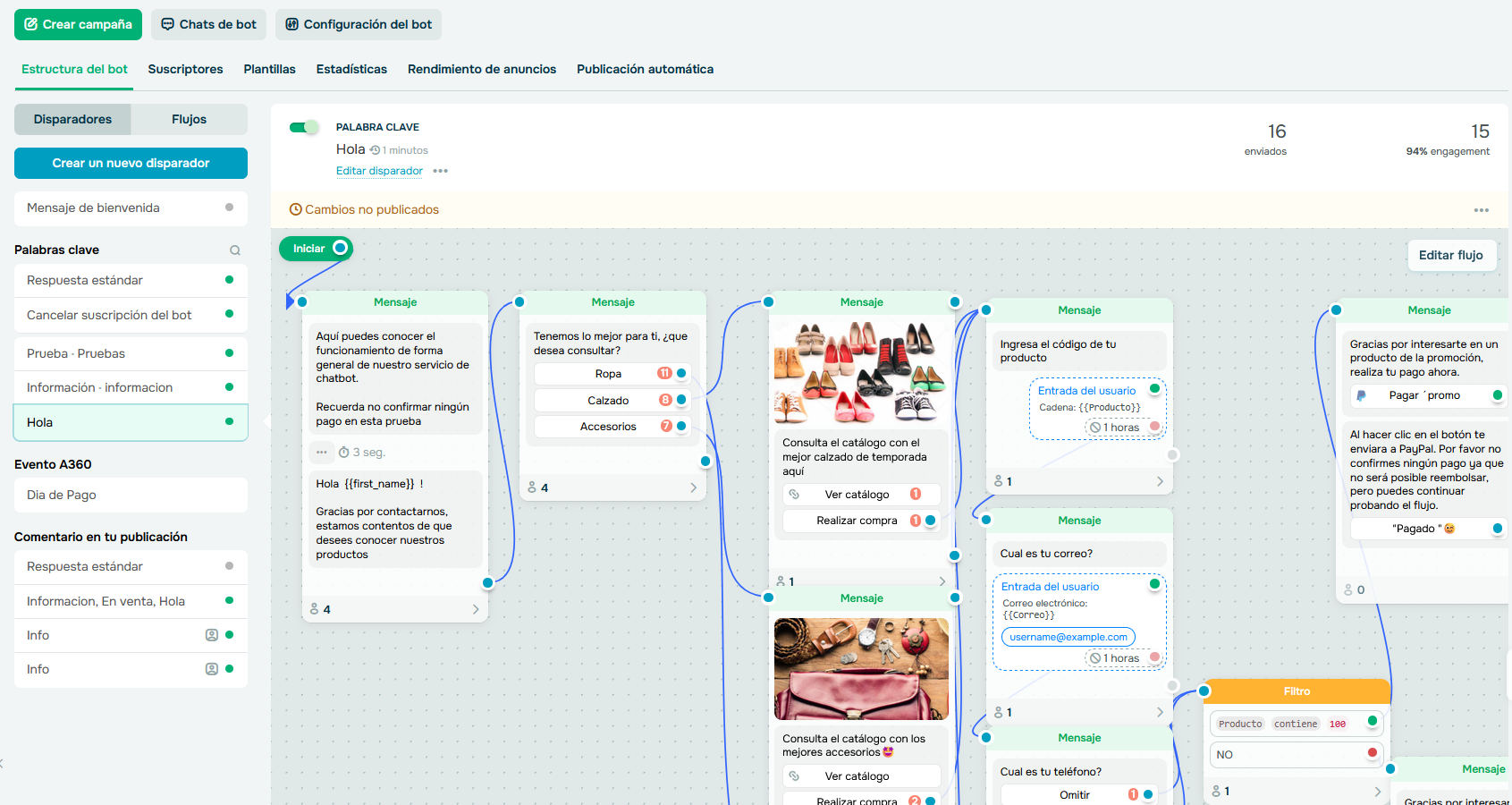 Sección de tablero de flujos para chatbots de SendPulse
