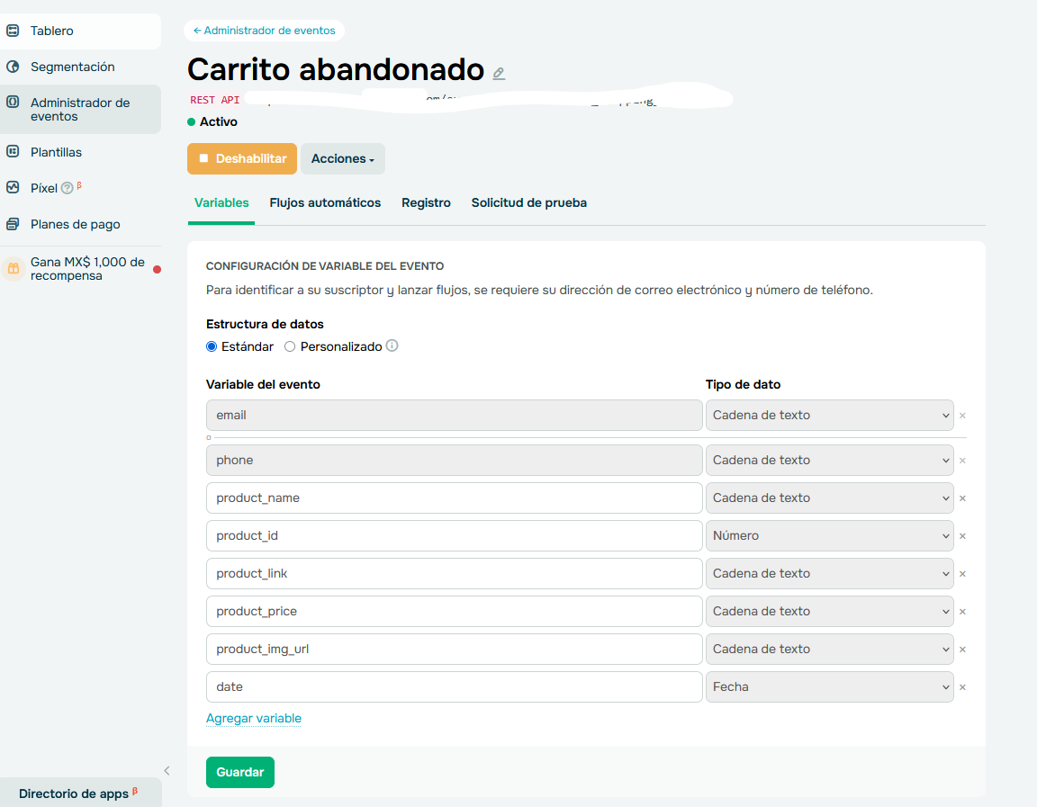 Sección de carrito abandonado mostrando variables.