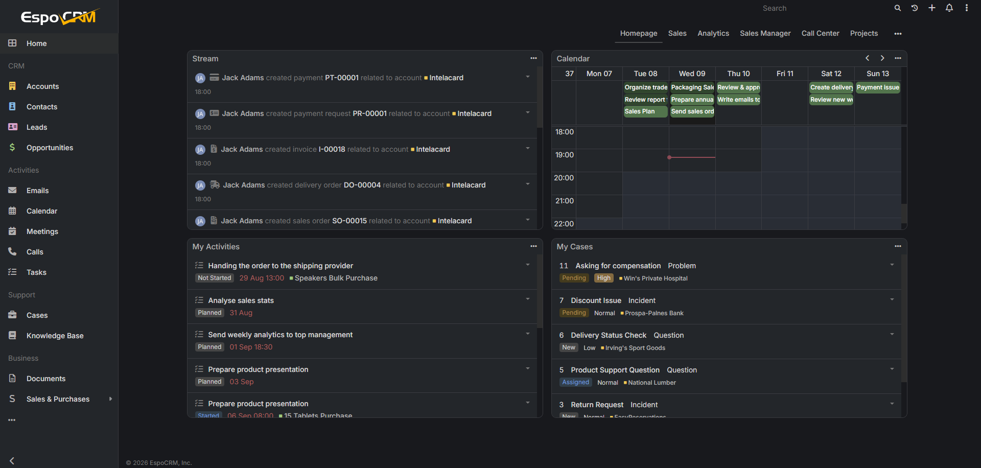 EspoCRM's online demo with official extensions