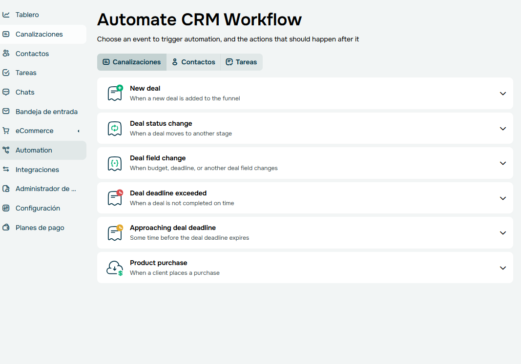 Sección de Workflow de automatización de CRM de SendPulse