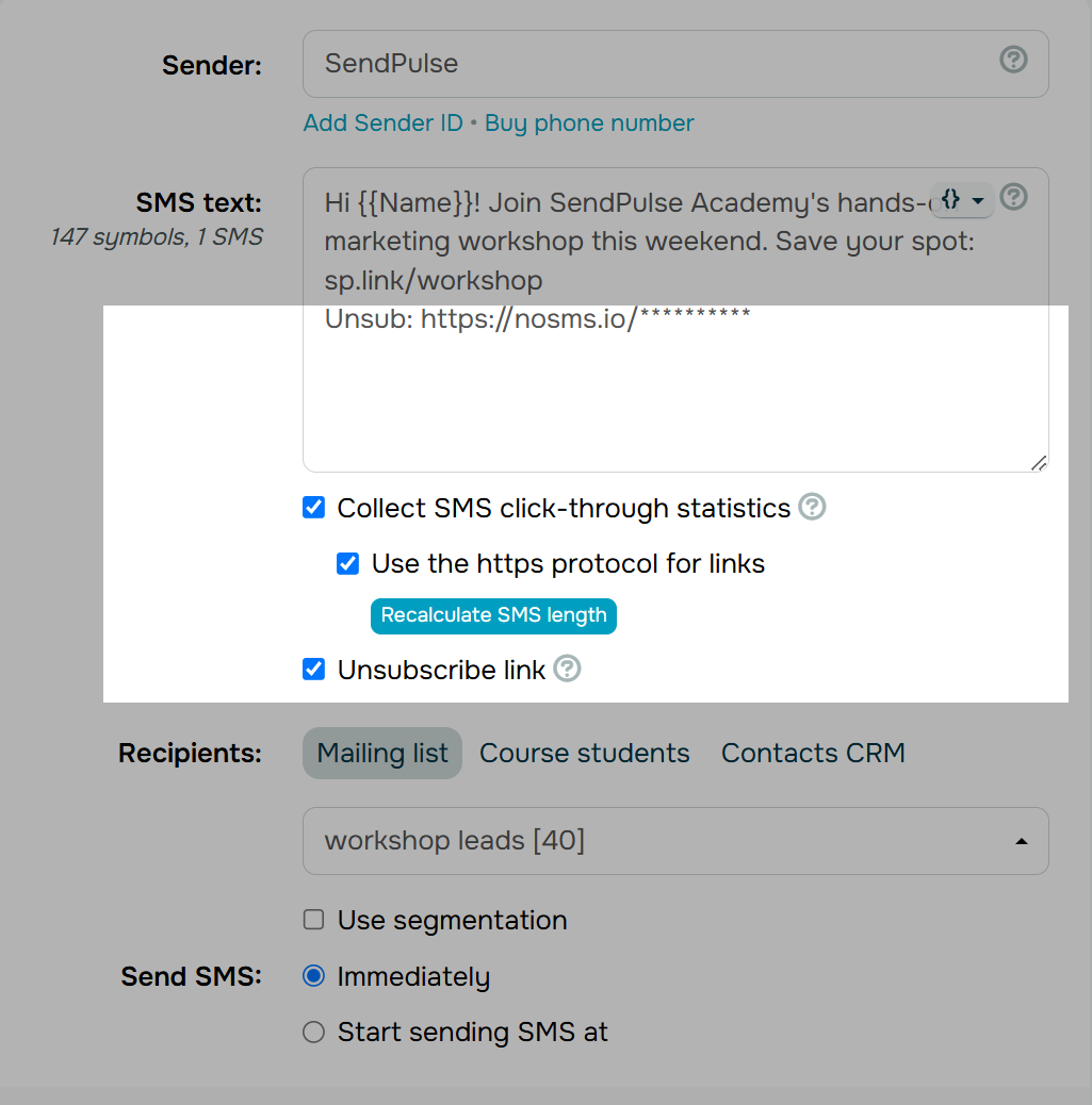 unsubscribe link to an SMS and enabling click collection
