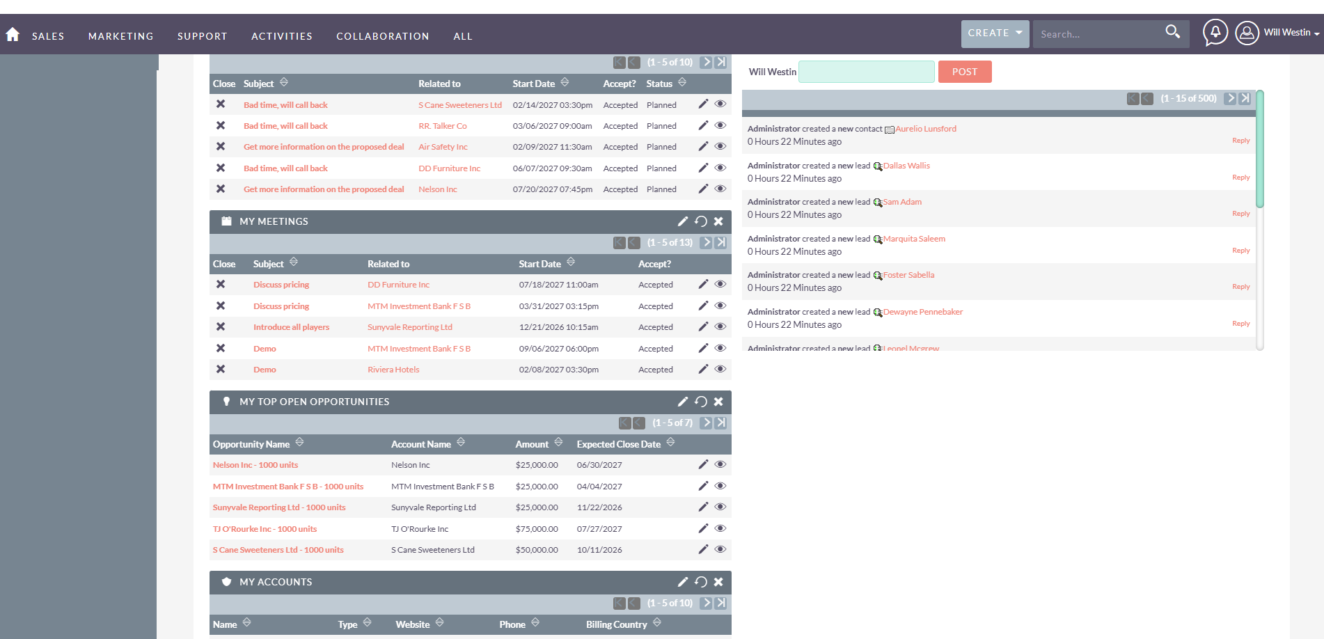SuiteCRM home dashboard with calls, meetings, and top open opportunities