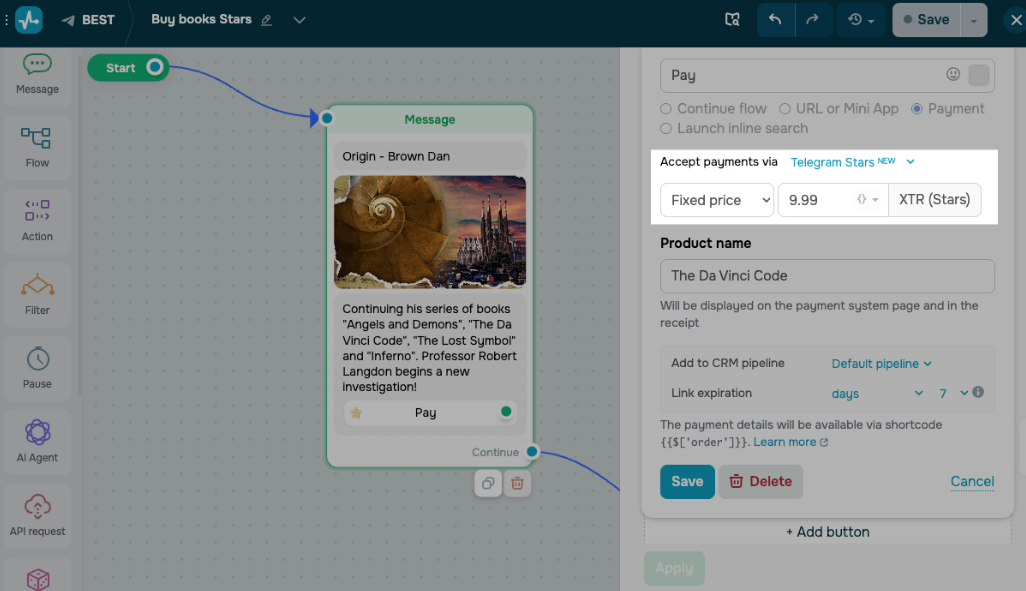 Puedes agregar un boton de pago en tu chatbot de Telegram de SendPulse para aceptar las Stars