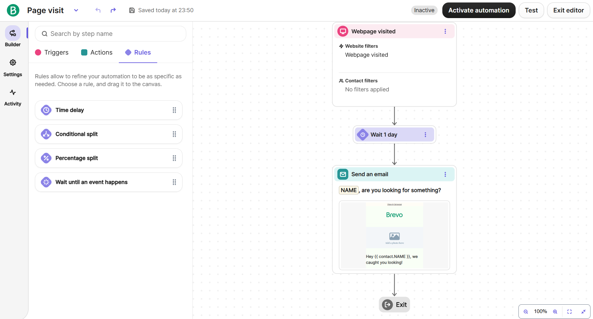page visit email in Brevo's automation builder