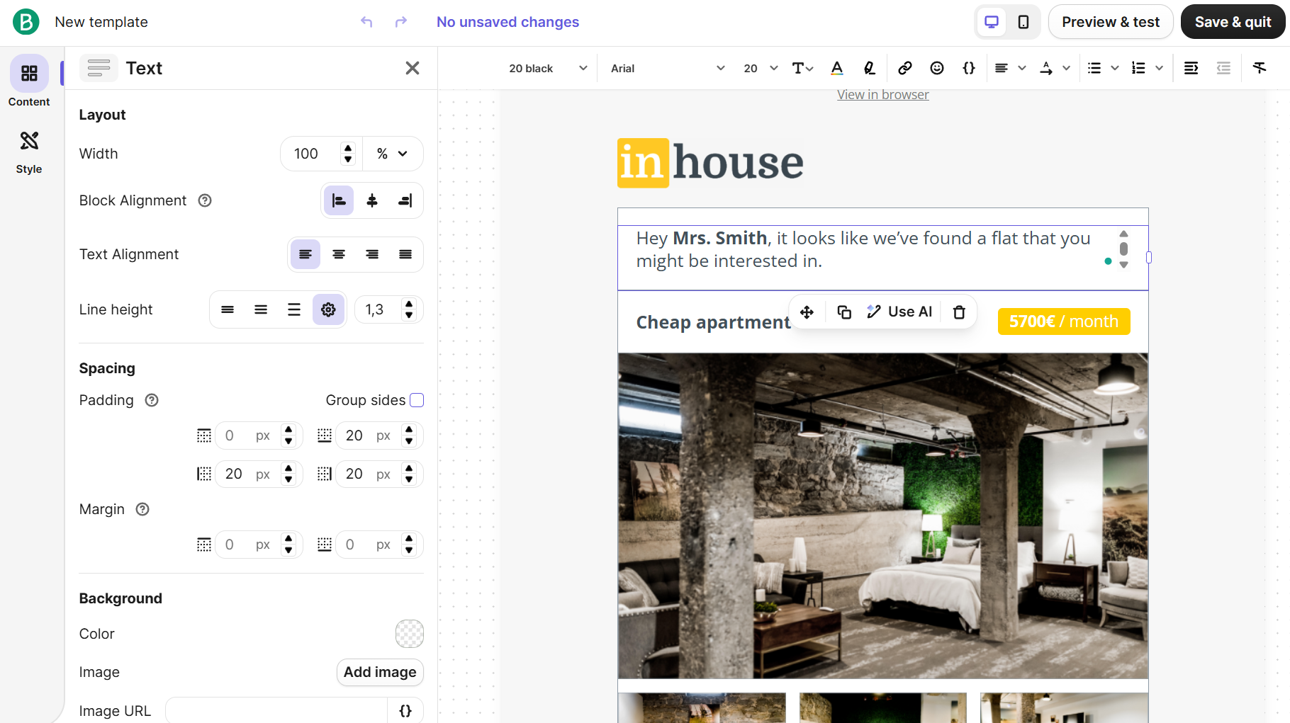 text block spacing and layout in Brevo's email builder