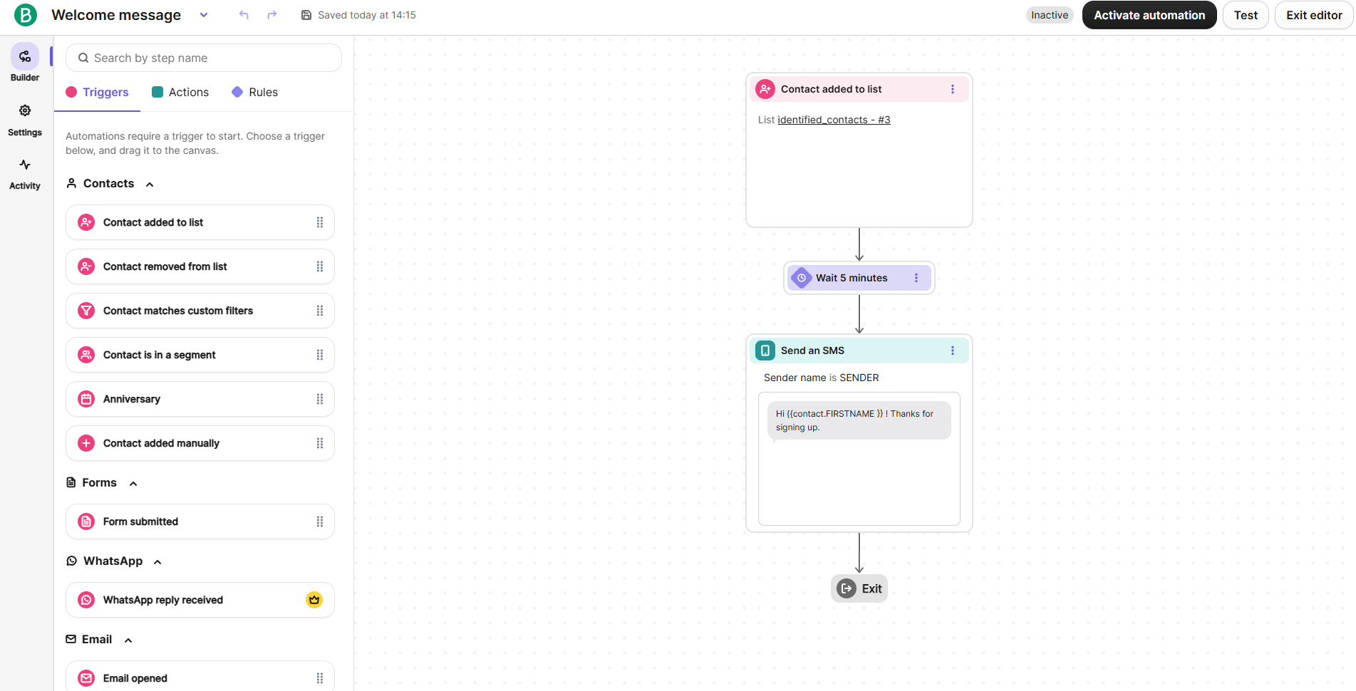 welcome SMS flow in Brevo
