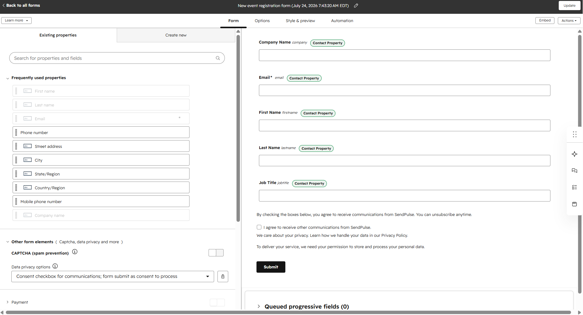 Mapping form fields to CRM contact properties in HubSpot
