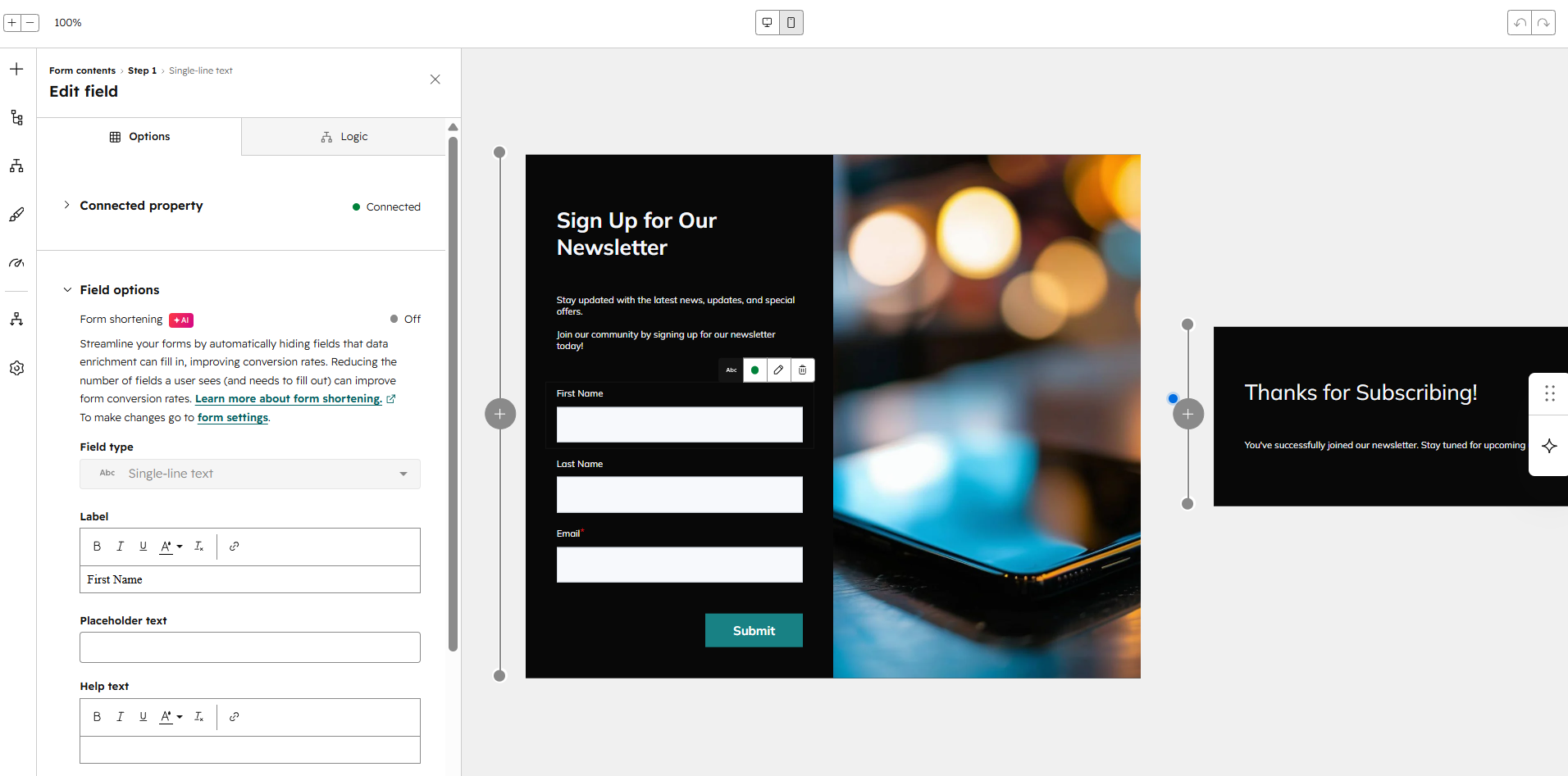 newsletter form fields and CRM properties in HubSpot