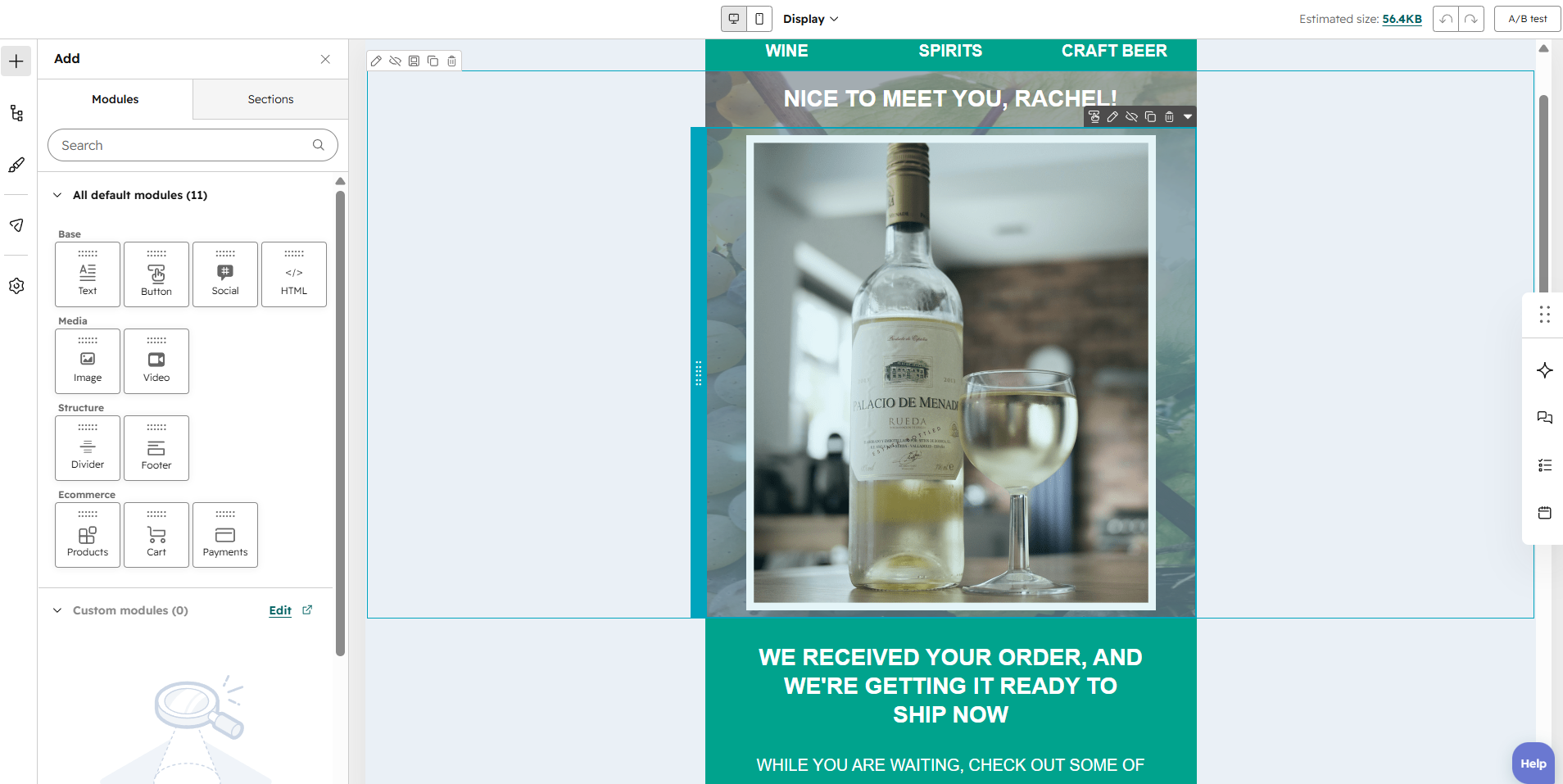 products and content modules in HubSpot's email builder