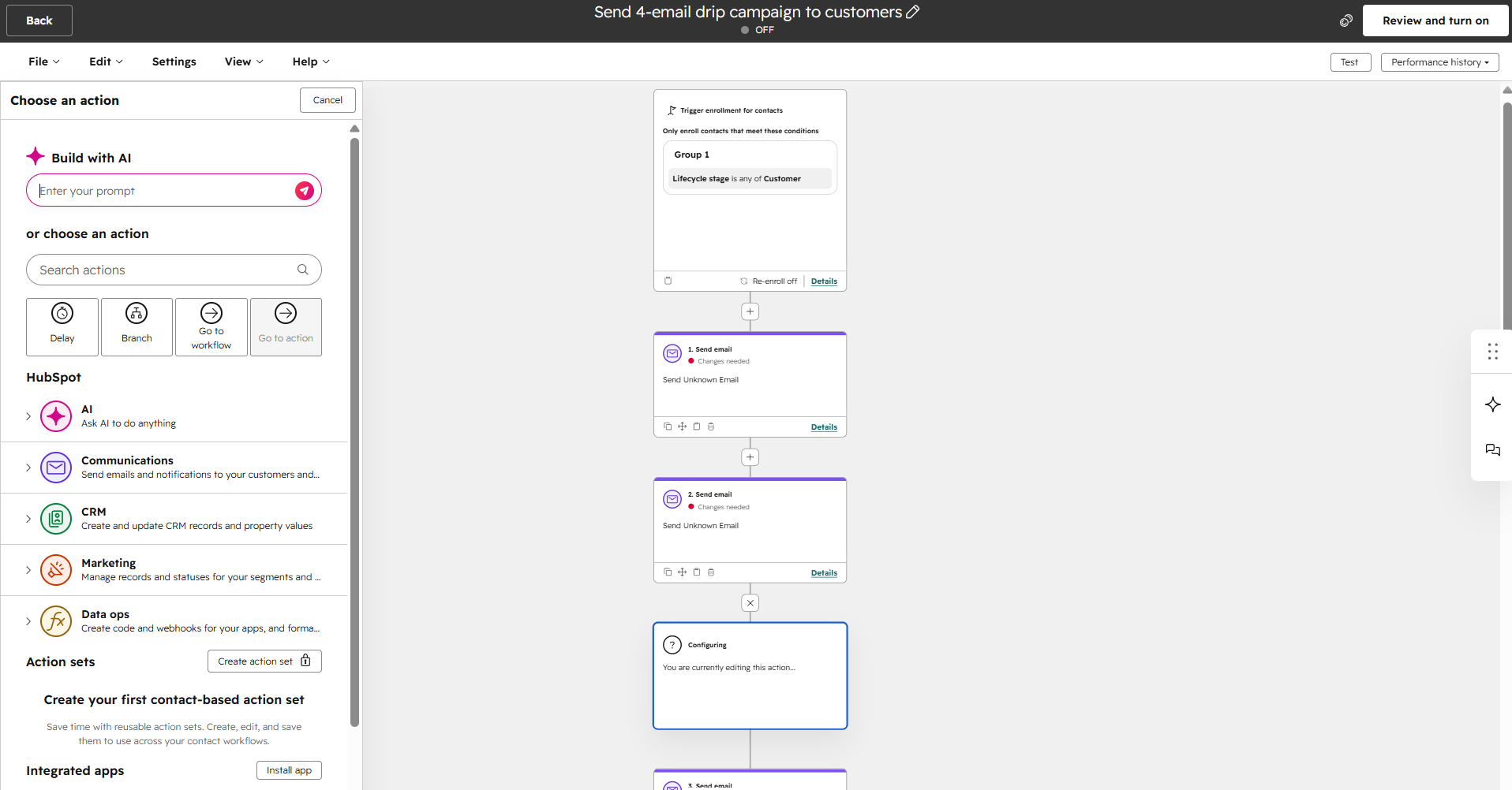 CRM-triggered drip campaign in HubSpot