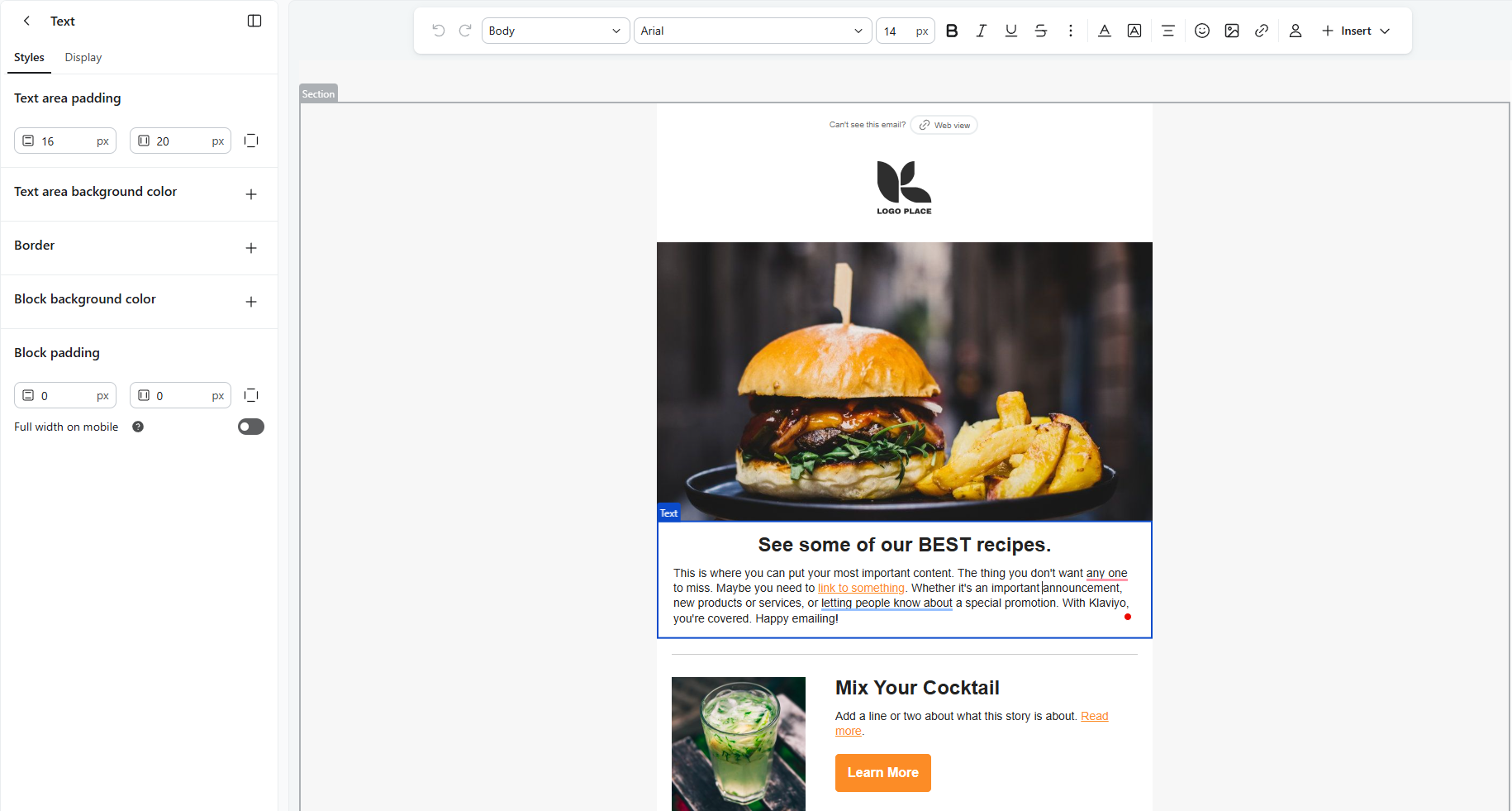 Styling a newsletter in Klaviyo's editor