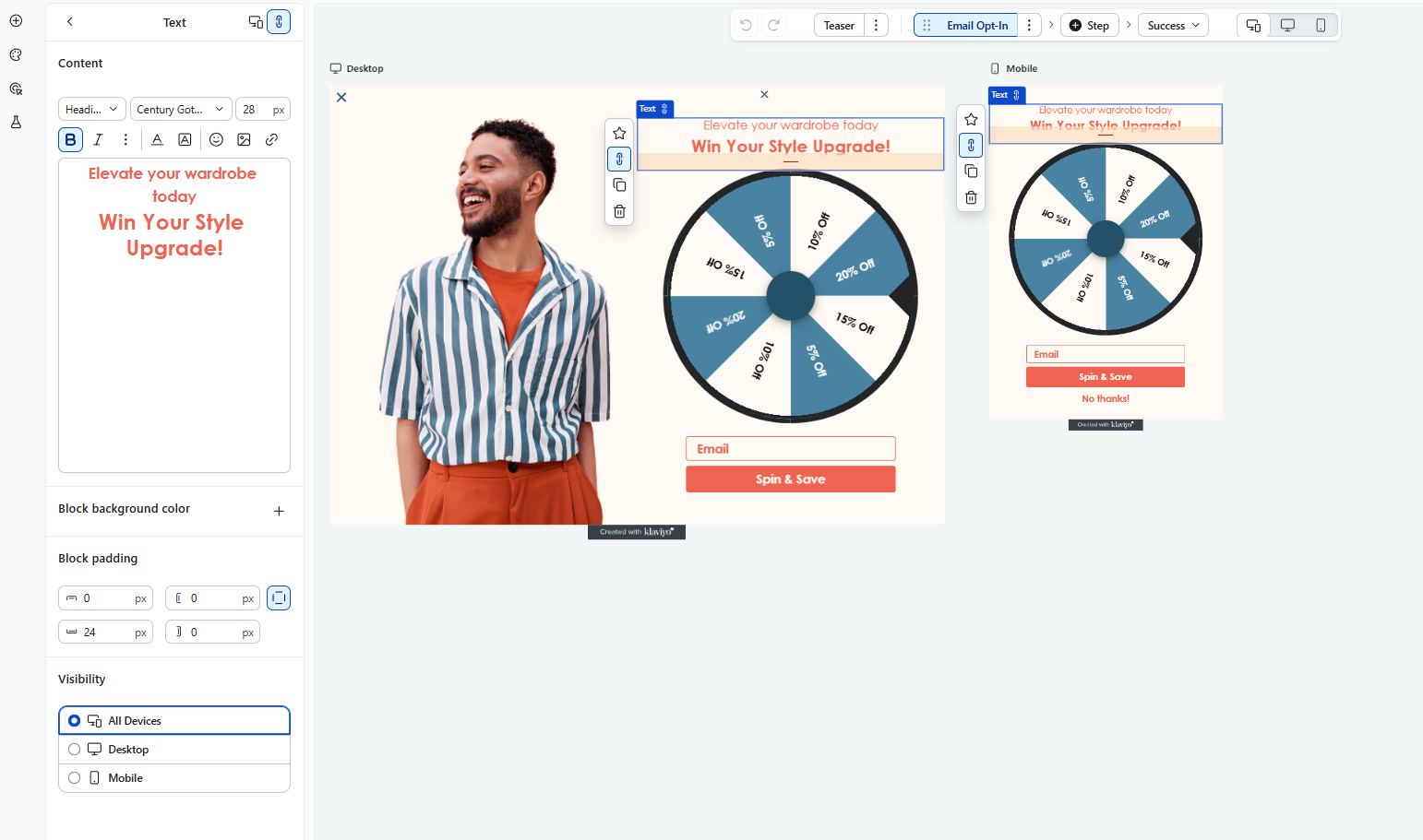 spin-to-win pop-up across desktop and mobile in Klaviyo