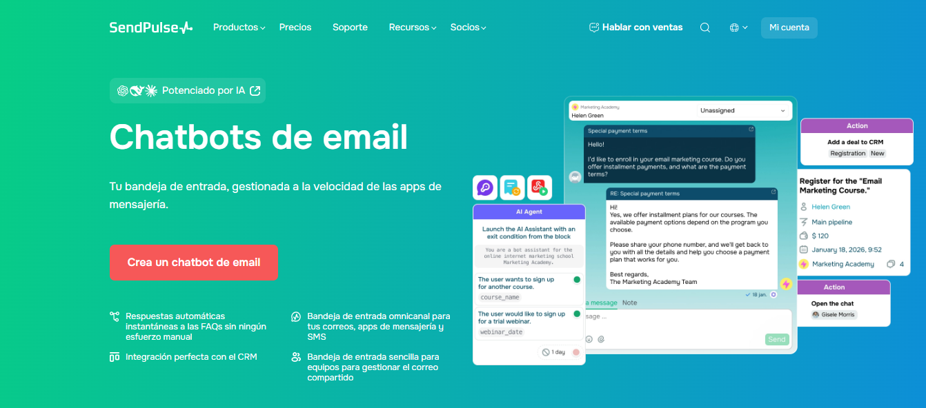 Sitio de chatbots de email de SendPulse