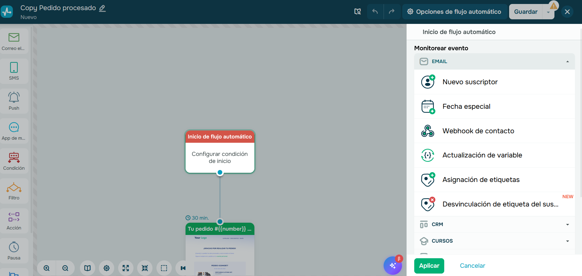 Se pueden crear disparadores con el editor de arrastar y soltar