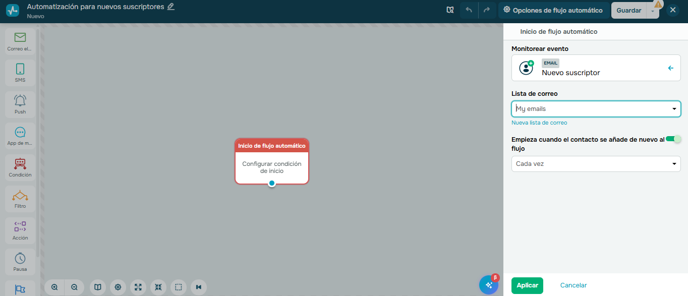 SendPulse permite elegir las listas de contectos a los que se les enviarán las campañas automtizadas
