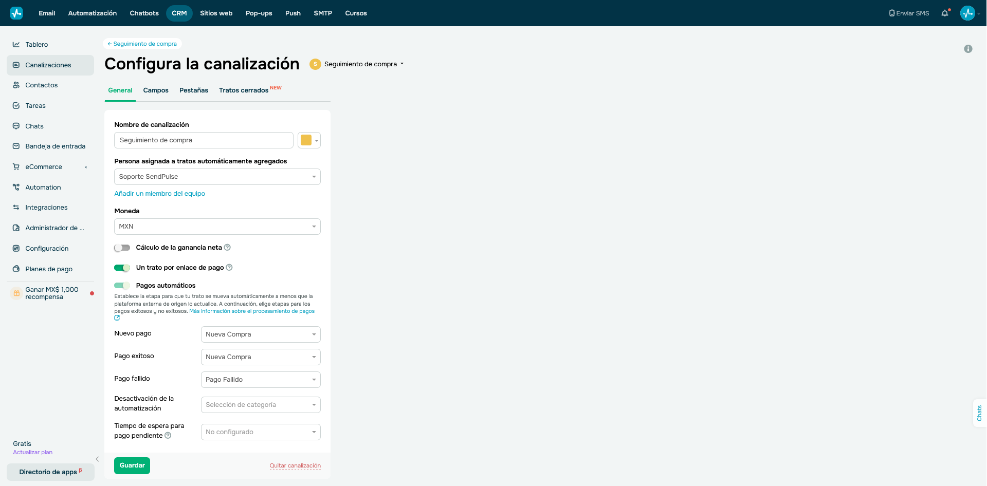 Interfaz de CRM de SendPulse