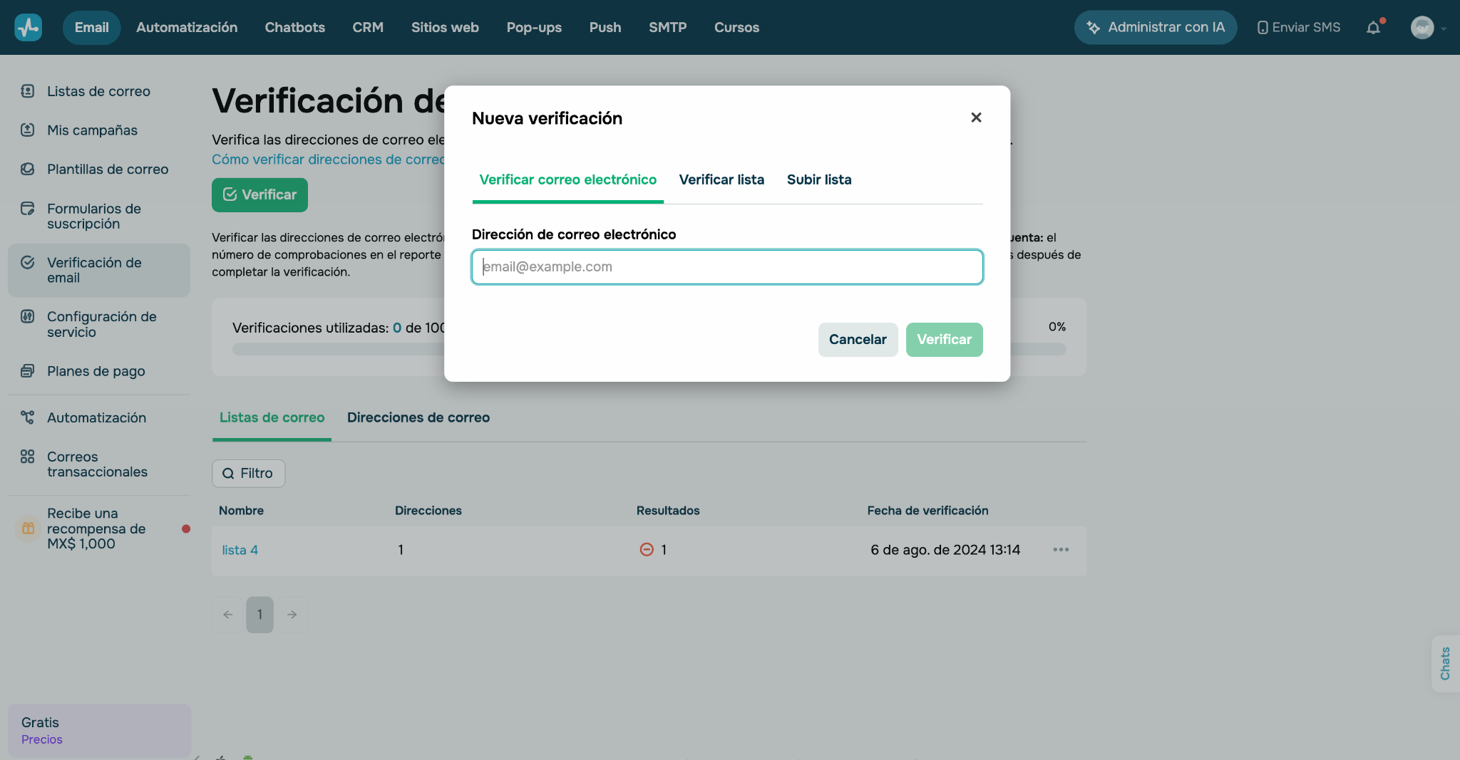 Ventana emergente para ingresar un correo para validarlo con el Verificador de correo de SendPulse