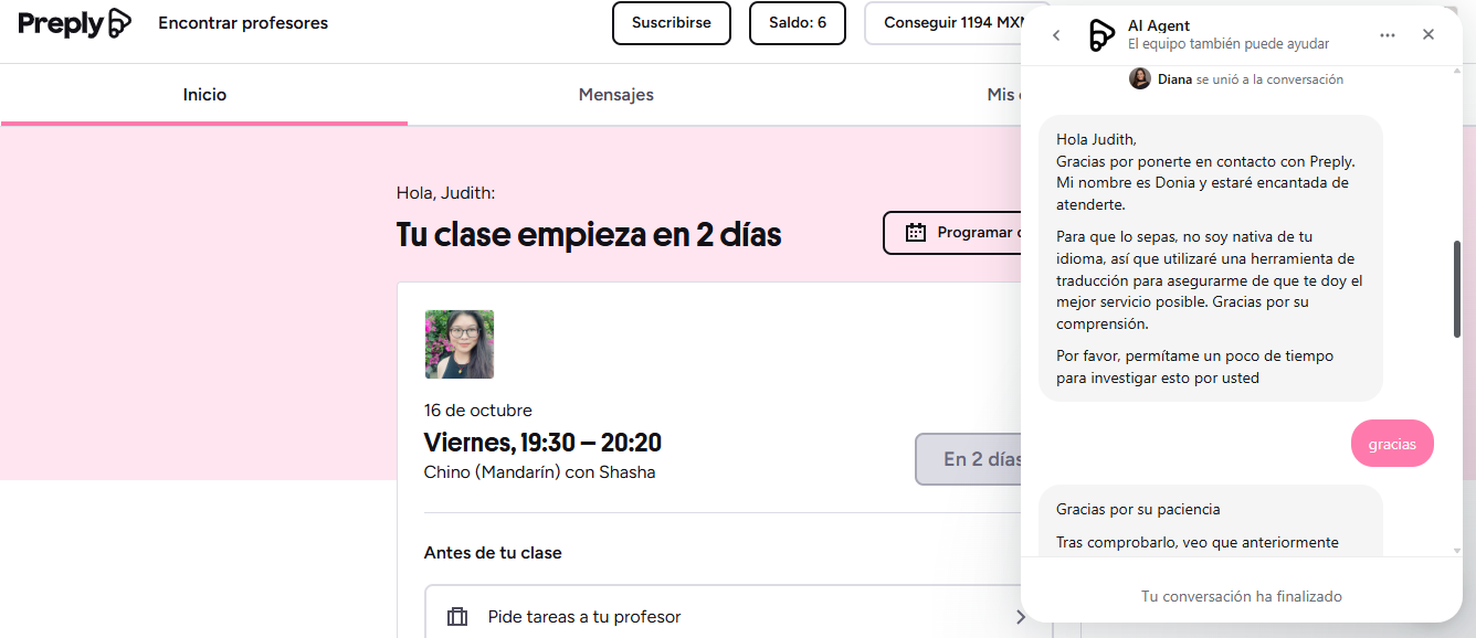 Sitio web de Preply mostrando su chat en vivo